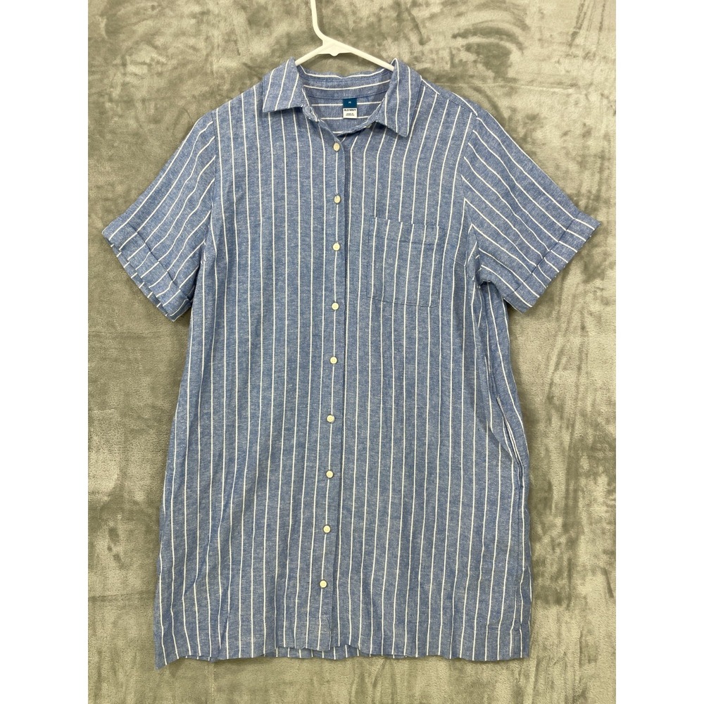 Old Navy Linen Blend Striped Shirt Dress Size M Blue Button Front ‎ Relaxed